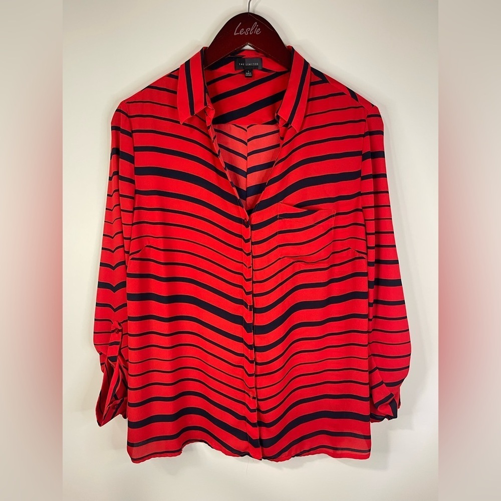 The Limited Red and‎ Blue Striped button down blouse.
